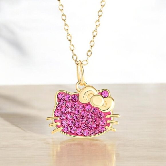 Hello Kitty Pendant Necklace ✦ 925 Silver Fuchsia Swarovski ✦ Gold Chain NWT - Picture 6 of 14